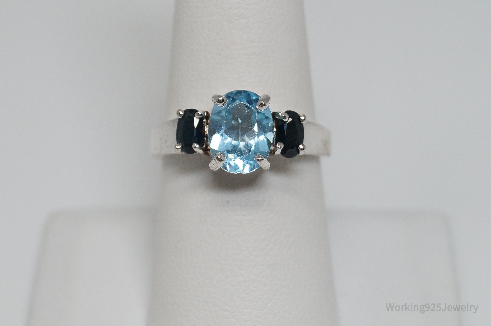 Vintage Blue Topaz Sapphire Sterling Silver Ring - Sz 7.75