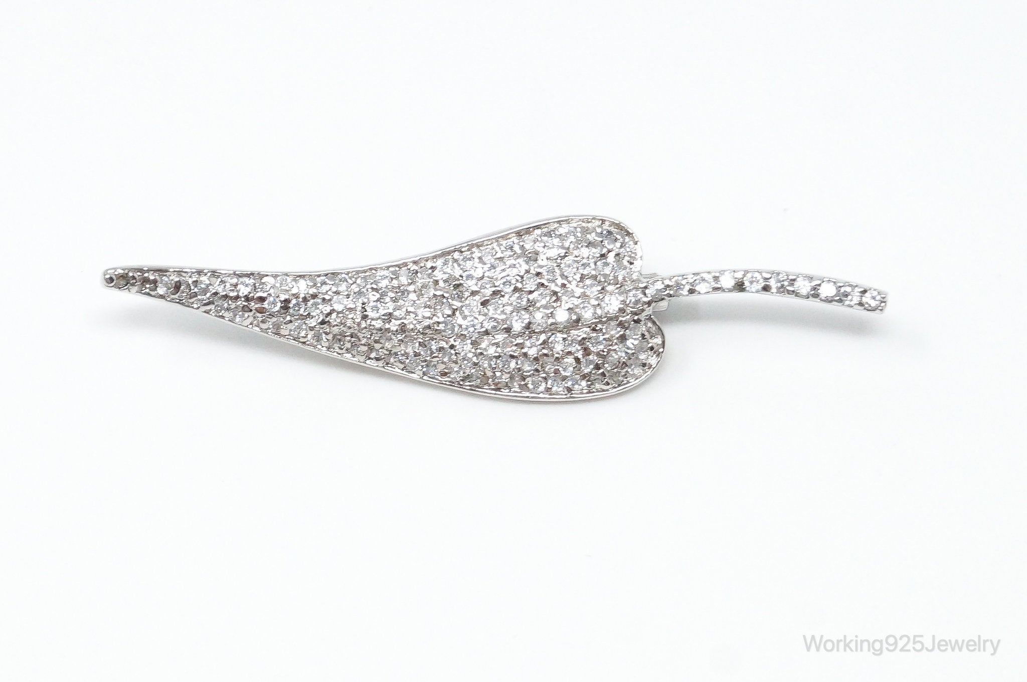 Vintage Cubic Zirconia Leaf Sterling Silver Brooch Pin