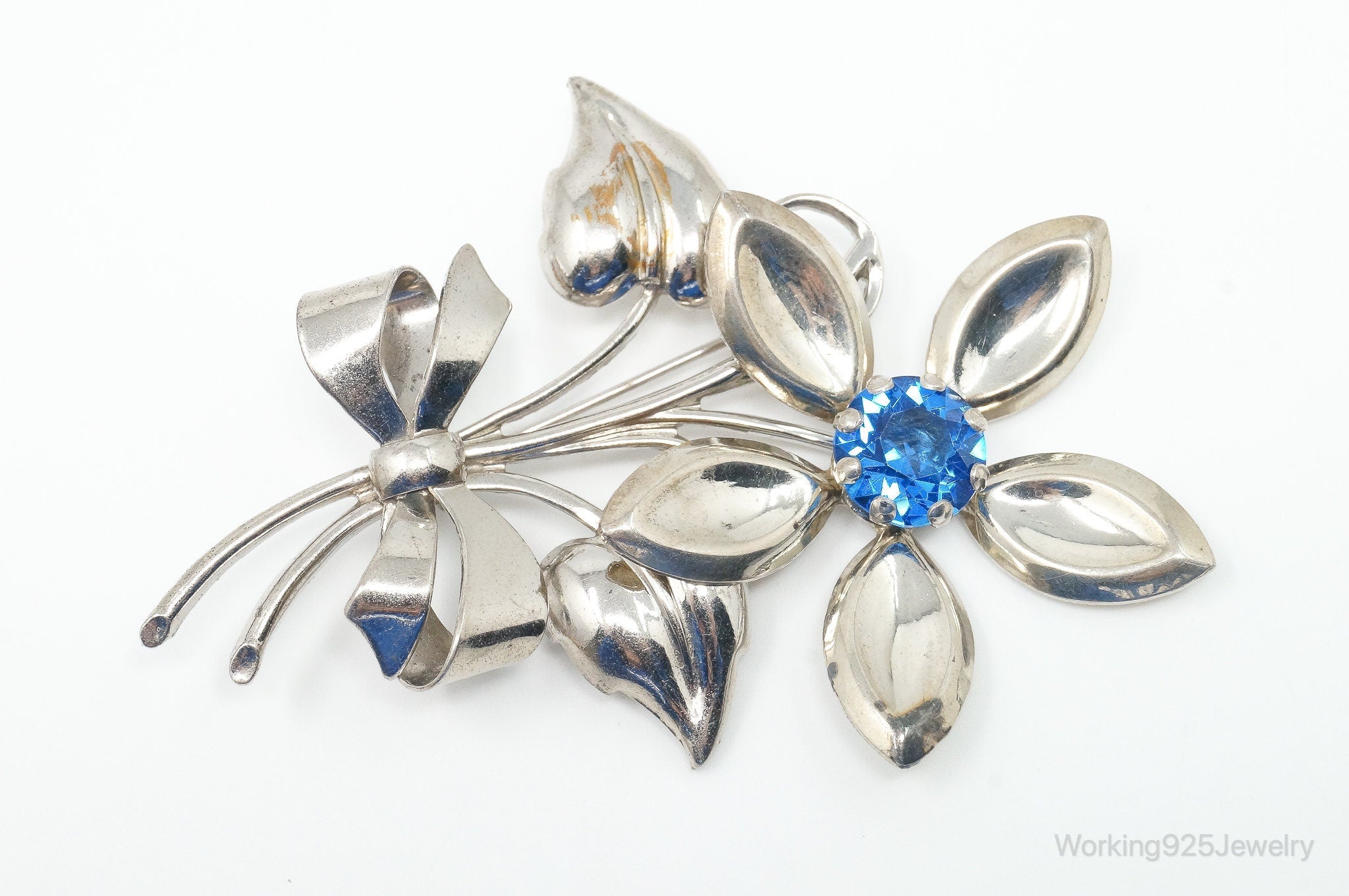 Antique Large Blue Art Glass Flower Sterling Silver Brooch Pin