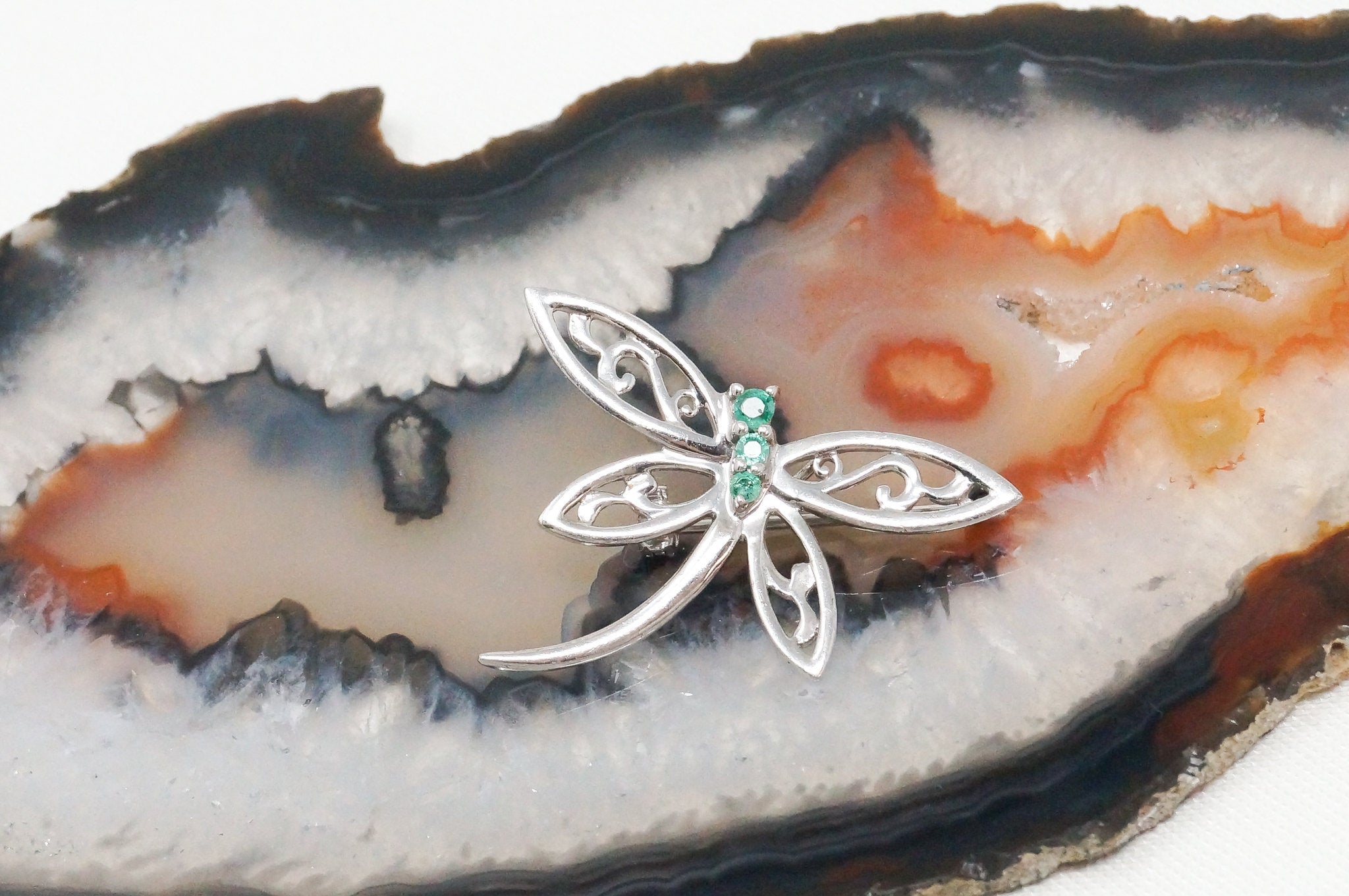 Vintage Emerald Dragonfly Sterling Silver Necklace Pendant