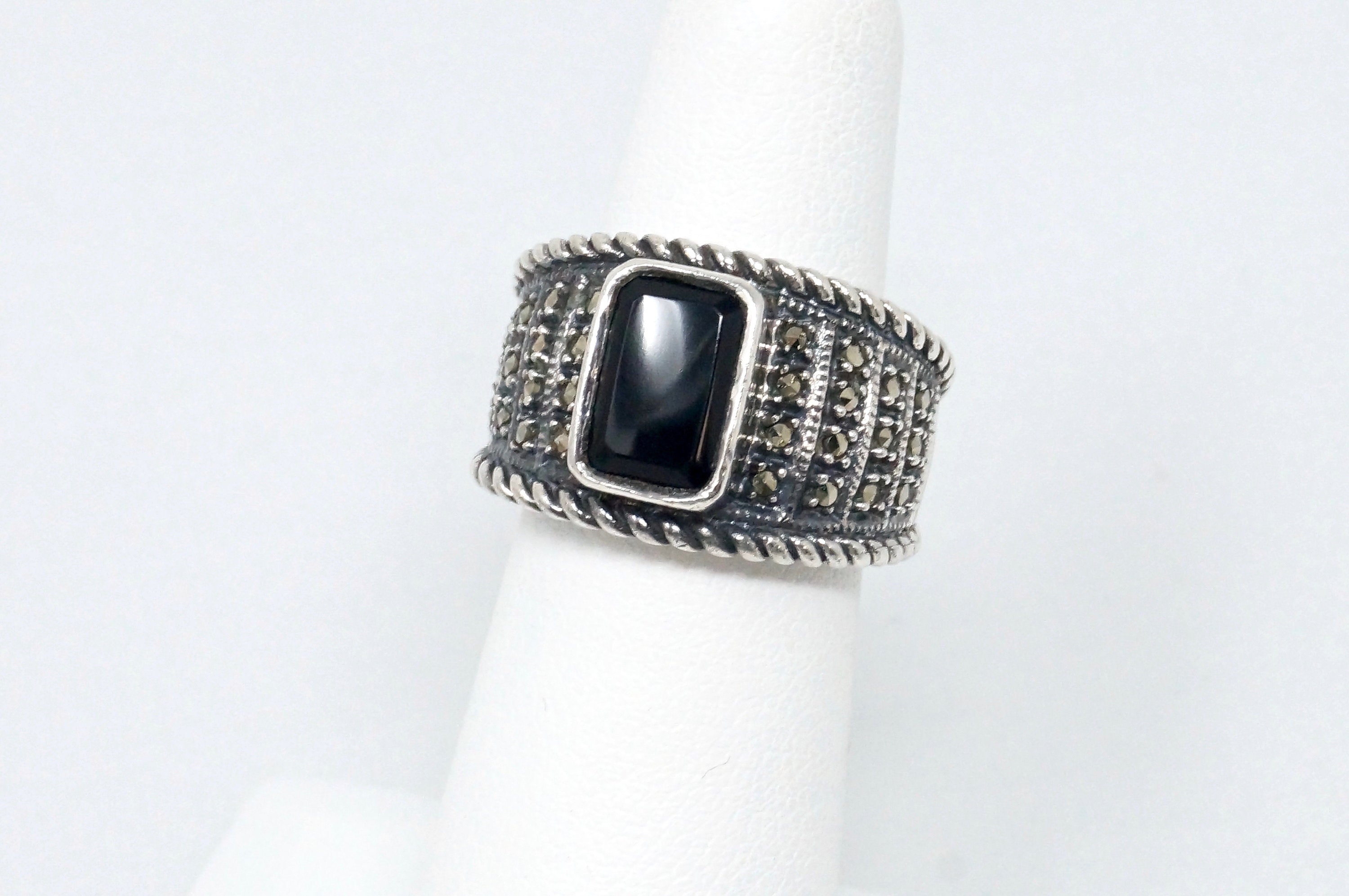 Vintage Designer Judith Jack Black Onyx Marcasite Sterling Silver Ring - Size 5