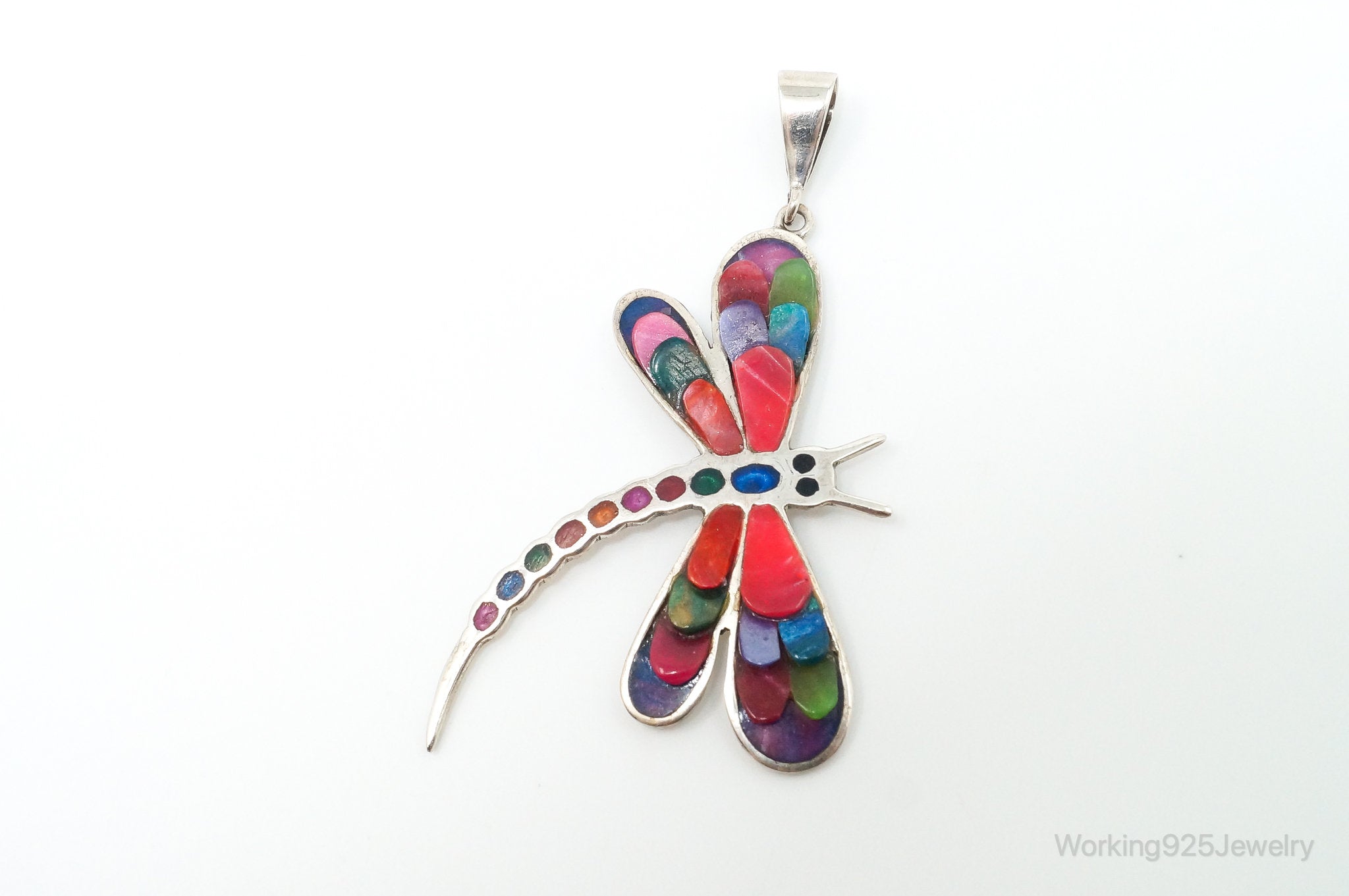 Large Vintage Handmade Multi Color Gem Inlay Dragonfly 950 Silver Pendant