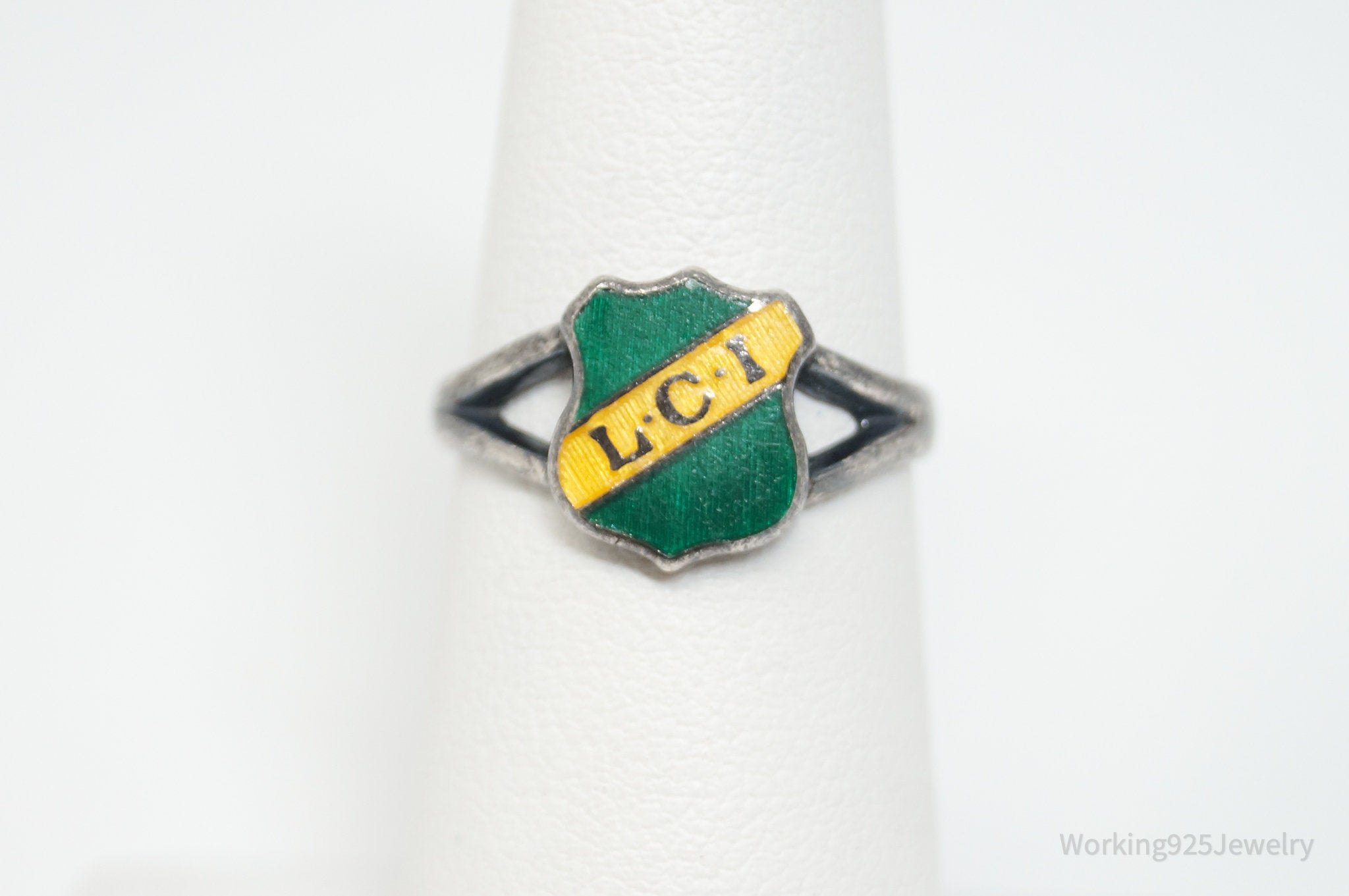 Antique Enamel LCI Shield Sterling Silver Ring - Sz 5.5