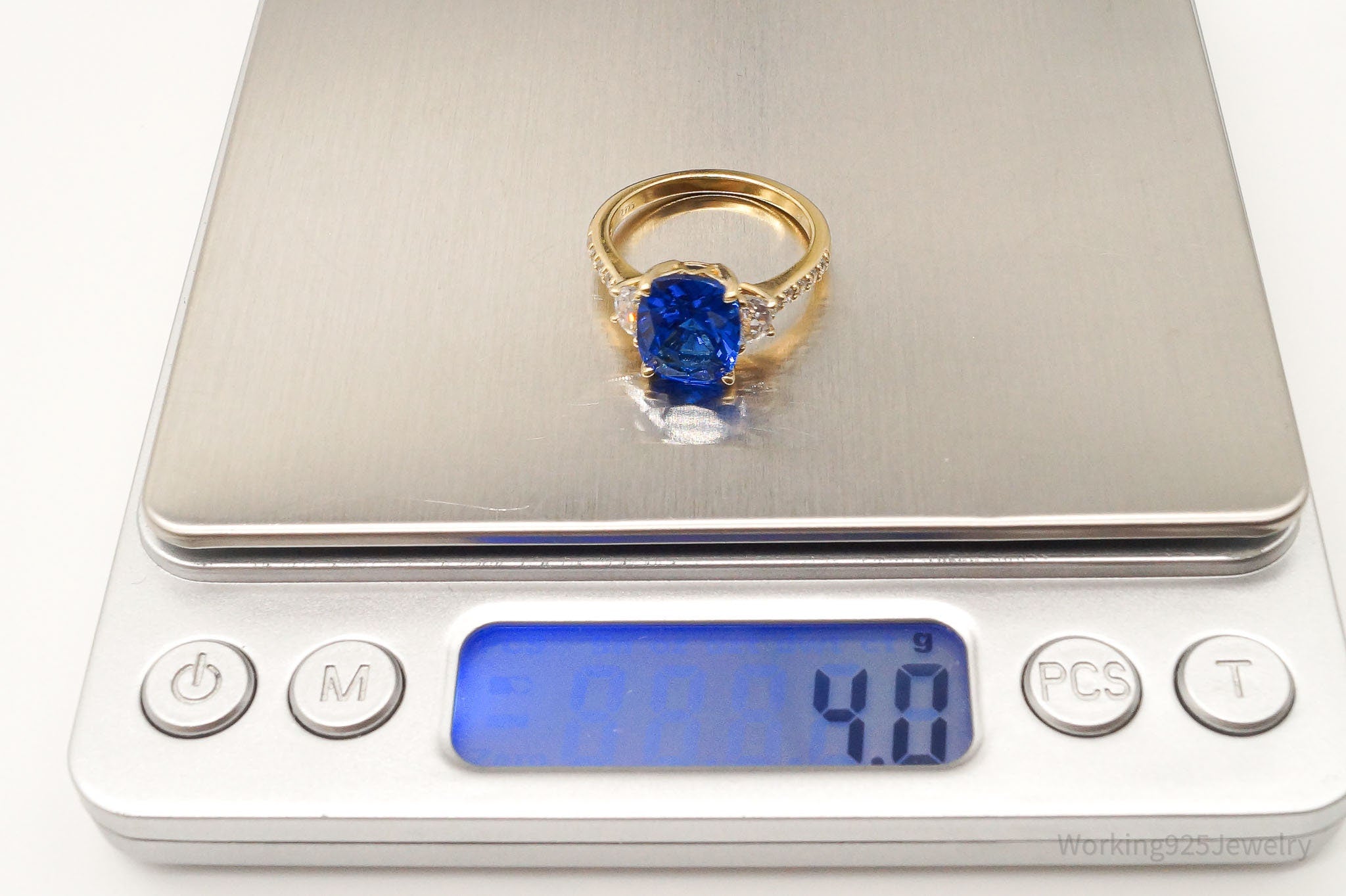 Jean Dousset Blue&White CZ Gold Vermeil Sterling Silver Platinum Clad Ring SZ 8