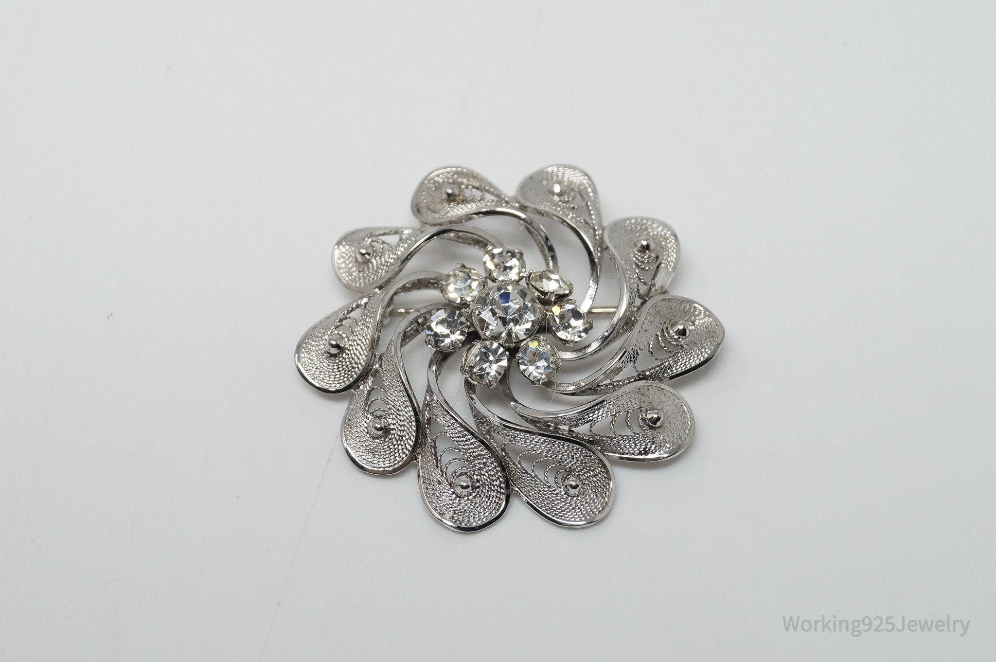 Vintage Designer Ann Lee Rhinestone Floral Filigree Sterling Silver Brooch