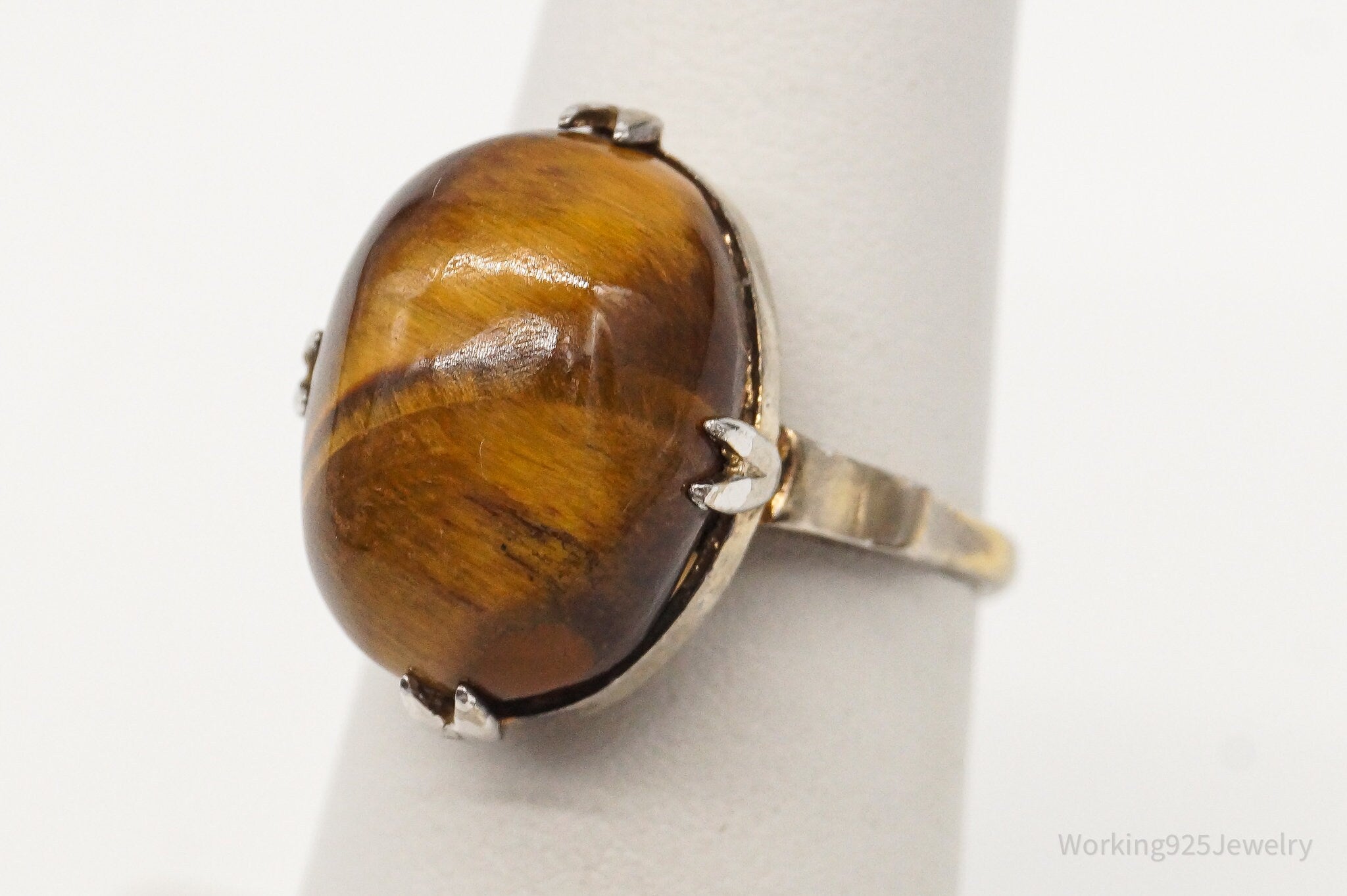 Antique Tigers Eye Gold Wash Silver Ring - Size 5.5