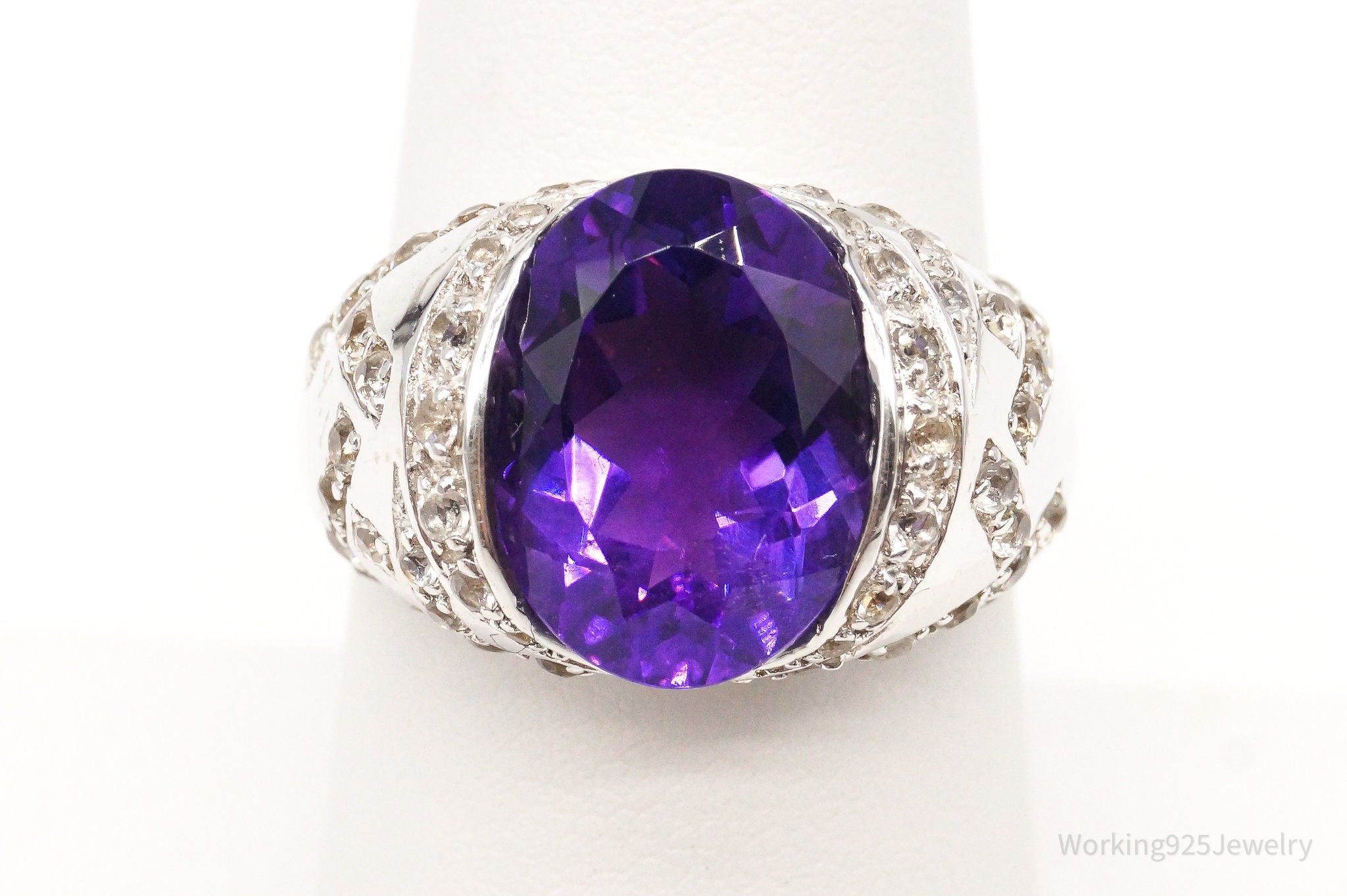 Vintage Large Amethyst Cubic Zirconia Sterling Silver Ring Size 7