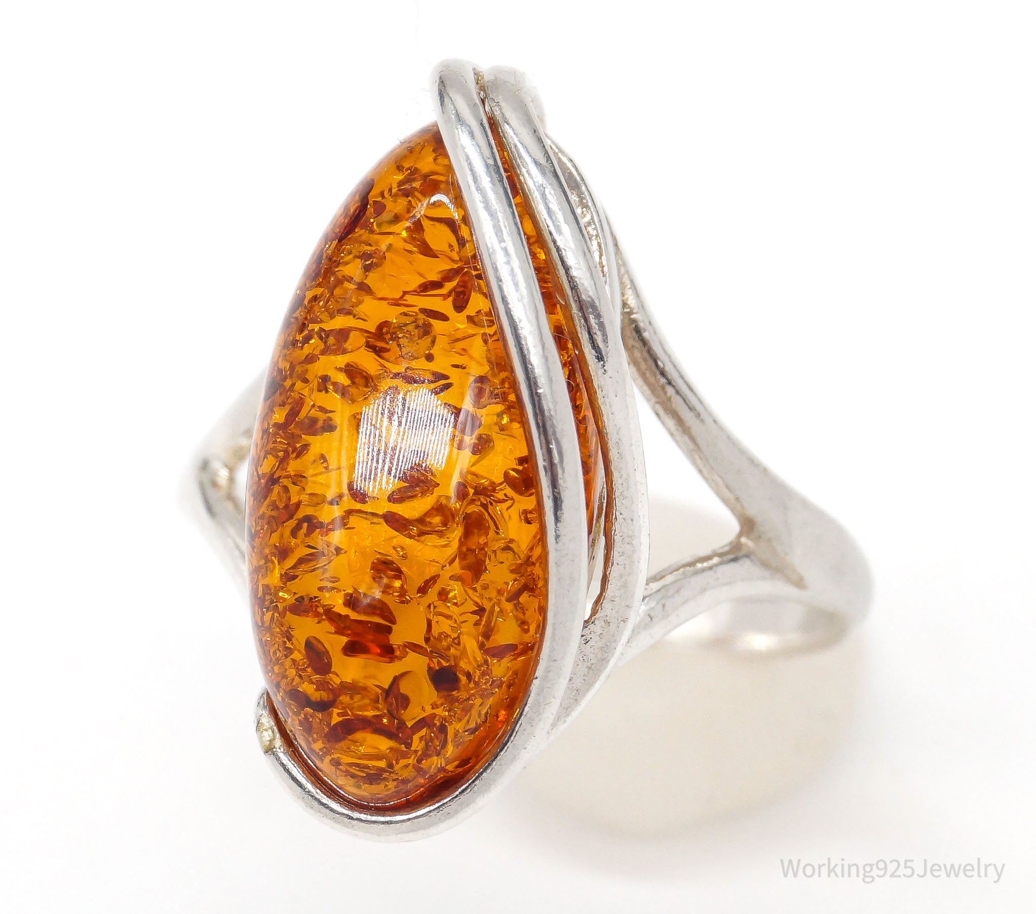 Vintage Amber Modernist Sterling Silver Ring - Size 8.25