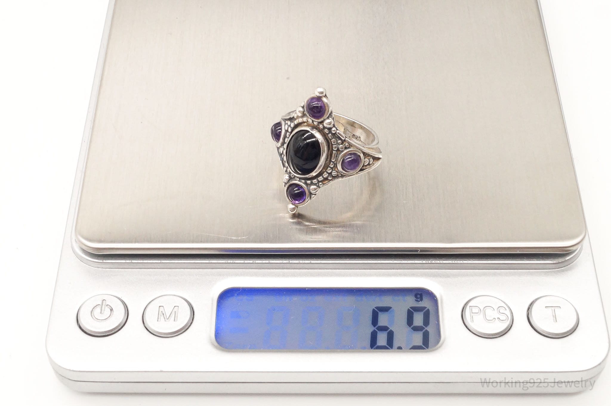 Vintage Amethyst Black Onyx Sterling Silver Ring - Size 6.25