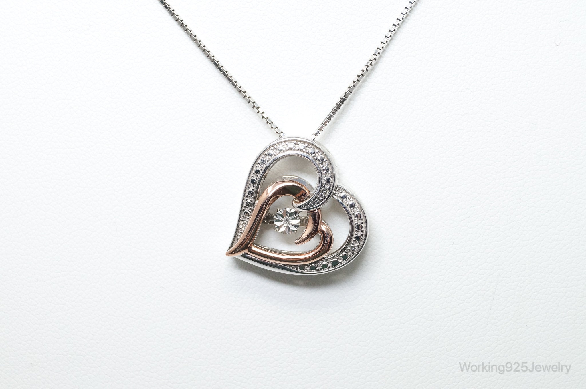 Vintage 10K Rose Gold Diamond Heart Sterling Silver Necklace - 18 Inch Chain